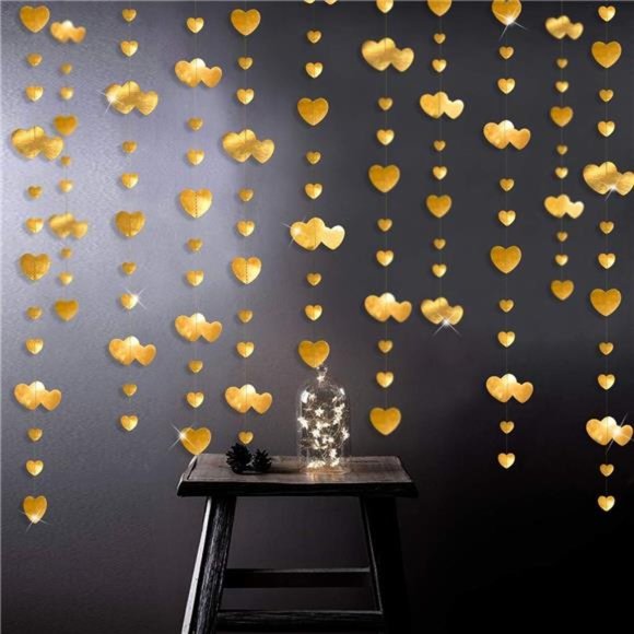 52 Ft Gold Heart Garlands Golden Hanging Banner Streamer for Day Valentines - Picture 1 of 5
